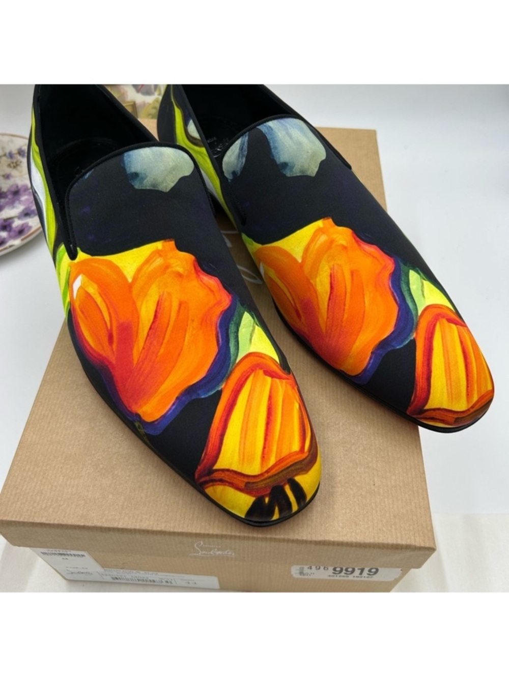 Christian Louboutin Black Slip-On Loafers with Bold Orange Floral Print. Size 12